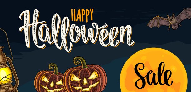 水平海报与快乐万圣节字母和雕刻插图图片下载