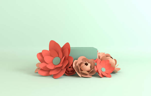 纸花架，讲台，产品展示平台。夏季或春季背景。剪纸3d渲染模型在柔和的颜色图片下载