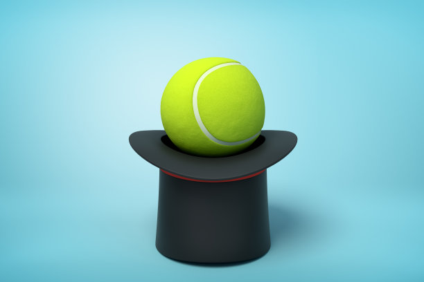 黑色顶帽上下颠倒的3d渲染，里面是浅蓝色背景的网球。图片下载