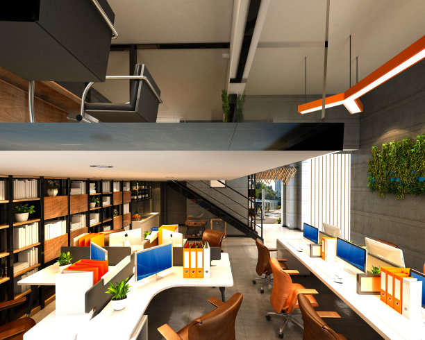 现代办公室和工作空间的3d渲染图片下载