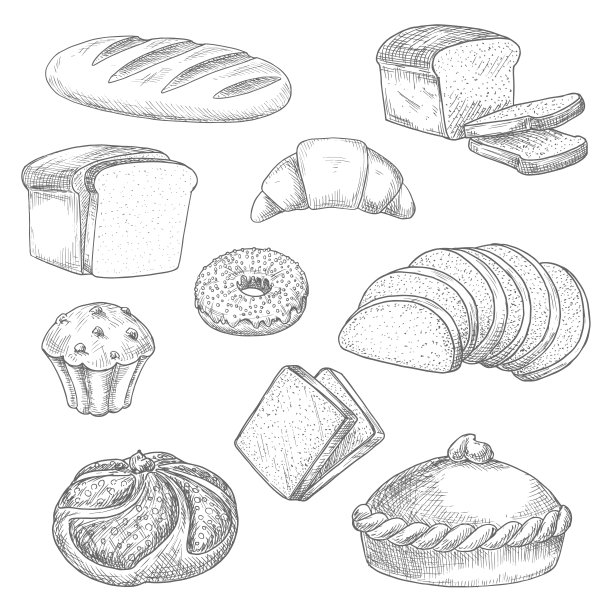 面包房面包，糕点素描孤立矢量图标图片下载