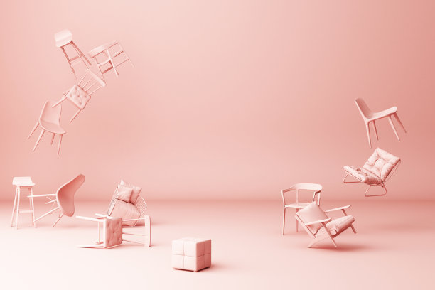 粉色背景上有很多粉色的椅子。三维渲染图片下载