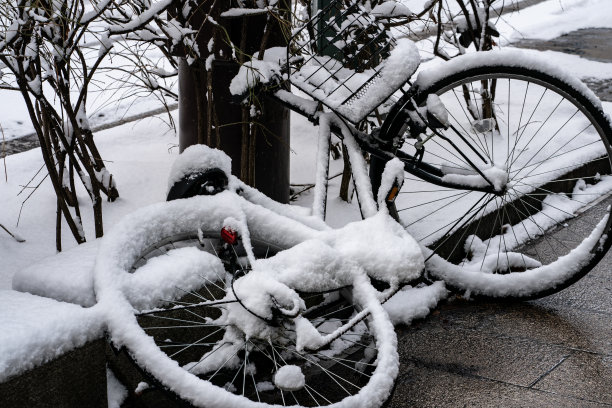 自行车停放着，上面覆盖着雪。图片下载