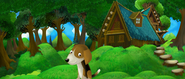 卡通夏季场景与农场的房子在森林里与快乐的狗图片下载