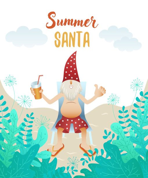 可爱的圣诞晒黑的角色在海滩上的树叶后面。图片下载