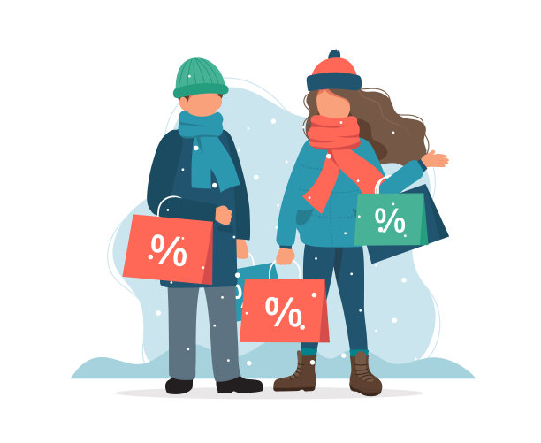 冬季促销，男女购物袋矢量扁平插画图片下载