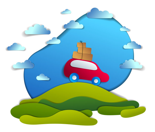 汽车旅游观光，红色的小货车载着行李行驶在绿草如茵的树林中，天空中白云缭绕，剪纸矢量插画的汽车在风景优美的自然景观中。图片下载
