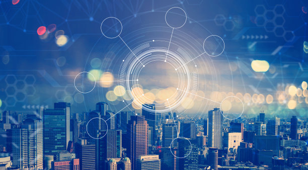 技术圈与城市天际线鸟瞰图图片下载