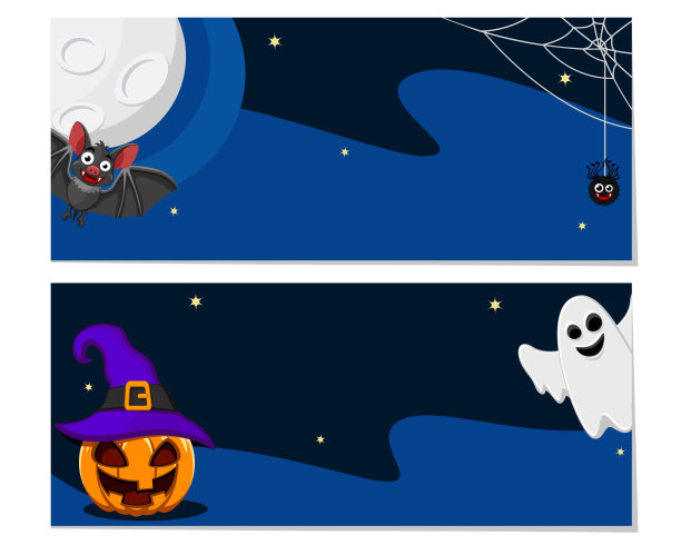 两边有飞行者，夜间背景有蝙蝠，南瓜和幽灵。万圣节。图片下载