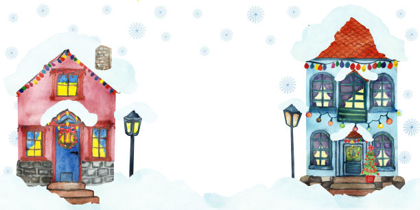 水彩画的冬季小镇组成两个小小的两储存粉红色和蓝色的房子，屋顶上有雪，灯和圣诞花环庆祝卡图片下载