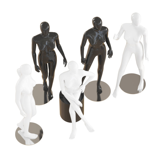 五个没有脸的女性人体模型坐在和站在一个孤立的白色背景上。三维渲染图片下载