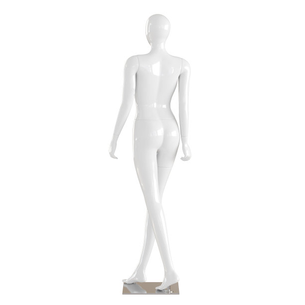 一个没有脸的女性黑色人体模型盘腿站立，背部向前，在一个孤立的白色背景上。三维渲染图片下载