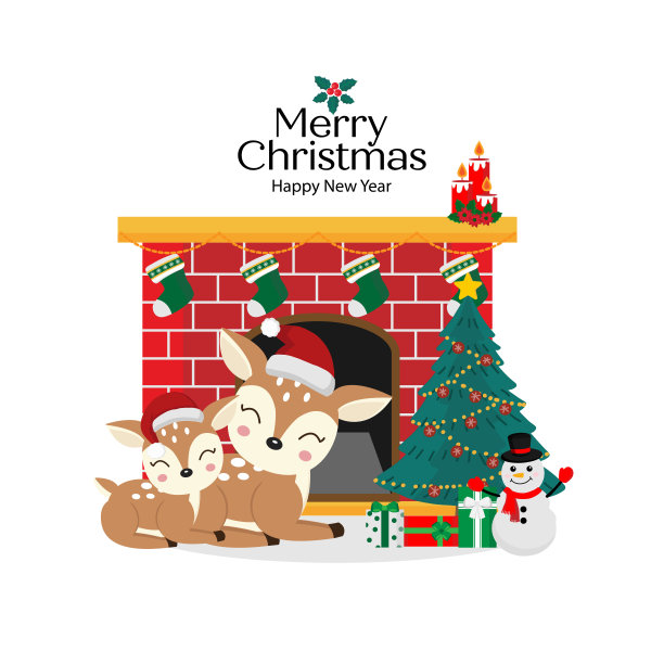 圣诞快乐，恭贺新禧。可爱的鹿卡通。素材图片