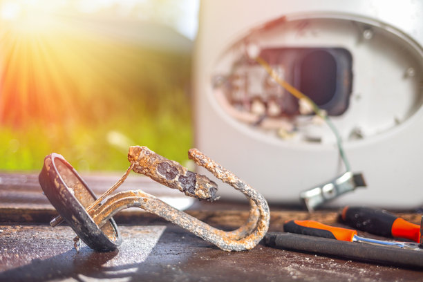 由于腐蚀和锈蚀，热水器和其他仪器一起被放置在一个木桌上的锅炉的背景上。特写和灯光图片下载