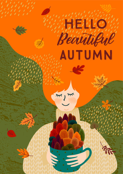 秋天插图与可爱的女人。矢量设计图片下载