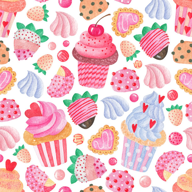 美味的彩色水彩糖果图案。可爱的糖果、纸杯蛋糕、饼干和草莓。情人节或生日模式。婚礼设计。图片下载