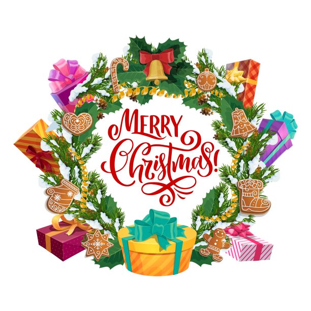 圣诞树礼物，饼干和装饰品花环图片下载