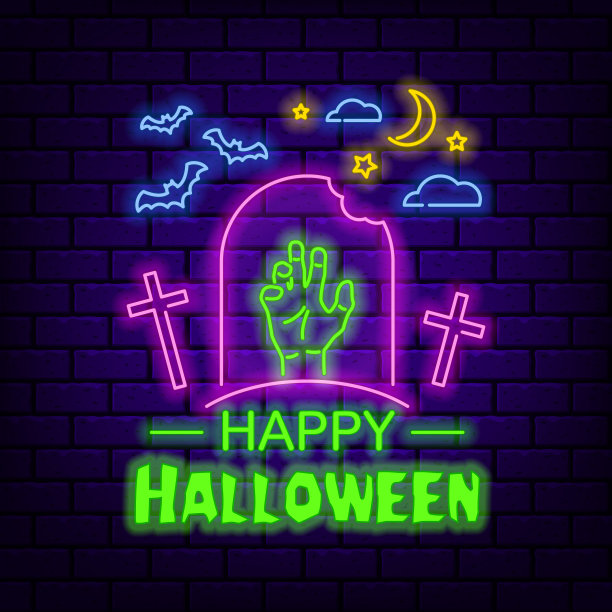 万圣节快乐。黑色砖背景上的霓虹灯招牌。图片下载