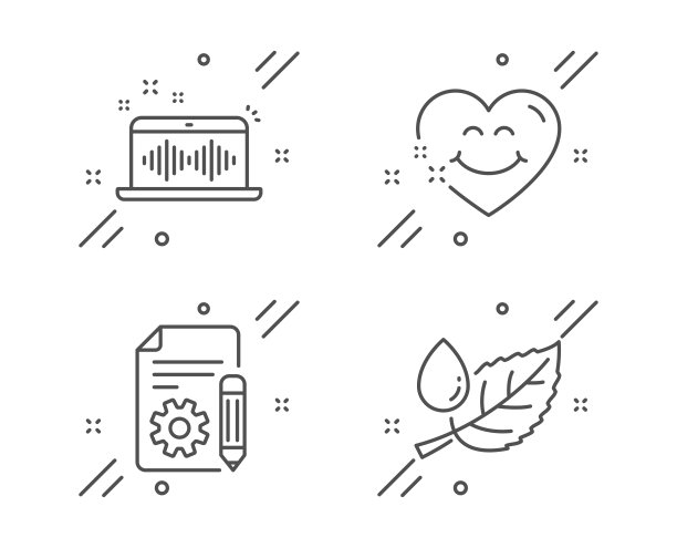 微笑的脸，文件和音乐制作图标集。叶露水的迹象。爱的心，项目，Dj app，水滴。向量图片下载