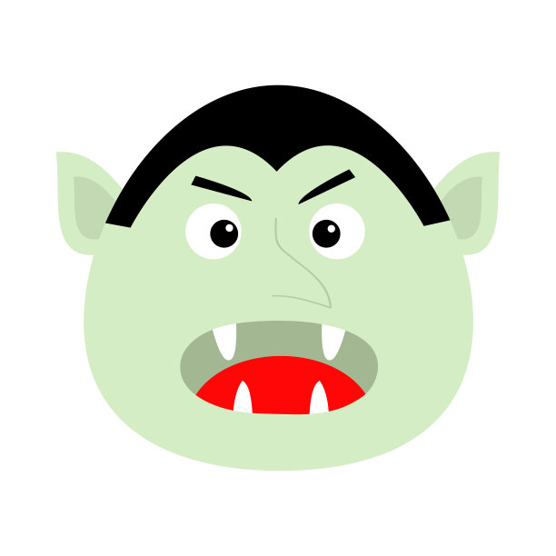 伯爵德库拉的头脸。可爱的卡通卡哇伊吸血鬼的尖牙。大嘴巴,舌头。万圣节快乐。小贺卡。平面设计。白色背景。孤立。图片下载