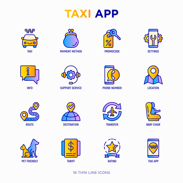 出租车App细线图标集：支付方式、促销代码、App设置、信息、支持服务、电话号码、位置、指针、路线、目的地、机场接送、儿童座椅矢量图图片下载
