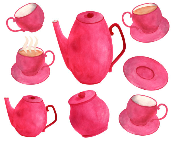 水彩茶具。手绘彩色亮粉色茶壶，杯碟，糖碗孤立在白色背景。食物设计，装饰，剪贴簿。图片下载
