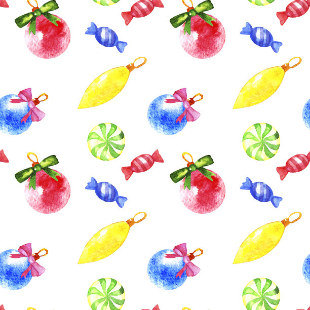 圣诞节无缝图案与彩色的球，糖果，弓孤立在白色的背景。图片下载
