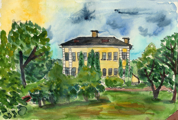 城市素描水彩画插图夏天黄房子花园公园绿树图片下载