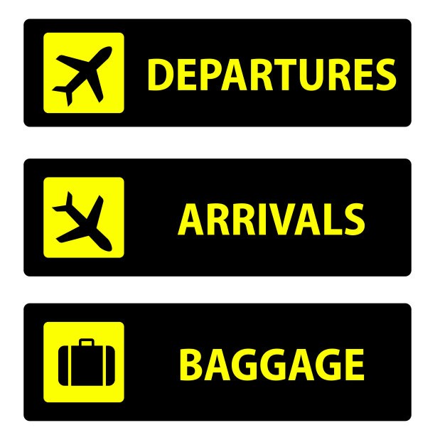 离港，到达和行李图标或标志指针在机场导航，专业的图形矢量插图优化为大型anв小型。孤立在白色背景上。图片下载