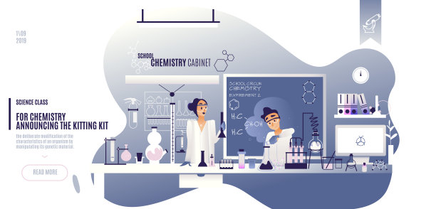 平面插图，一个学校化学教师的橱柜和一个学生拿着一个化学实验在办公室的背景黑板和公式。图片下载