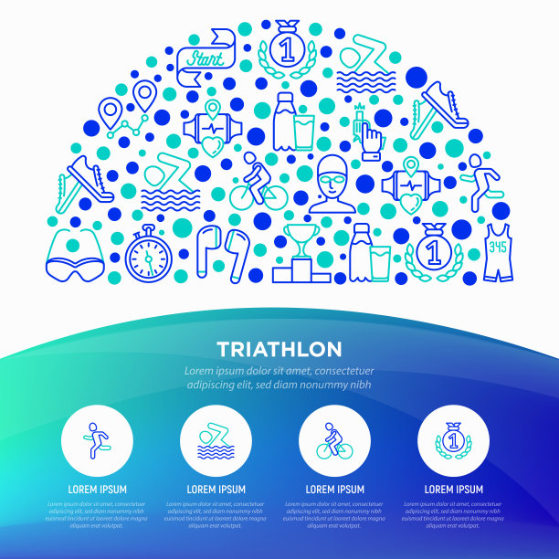 铁人三项概念在半圆与细线图标:跑步者，游泳者，自行车比赛，秒表，出发，枪，运动眼镜，出发，胜利。现代矢量插图横幅，印刷媒体。图片下载
