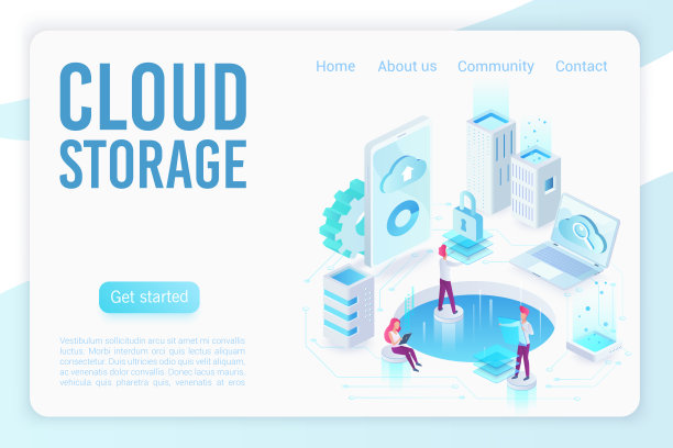 云存储软光等角矢量登陆页面模板。数据备份，主机网站设计。霓虹灯服务器、数据库、云计算三维概念服务。数据上传webstorage。图片下载