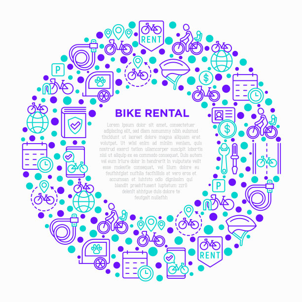 自行车租赁概念圈与细线图标:费率，自行车旅游，宠物拖车，挂锁，头盔，儿童座椅，共享，指针，押金，移动应用程序，自行车路线。现代向量插图。图片下载