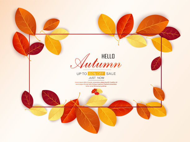 设置矢量横幅与红色，橙色，棕色和黄色的秋天树叶。图片下载