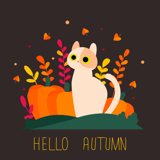 平面矢量插图与卡通卡哇伊米色猫坐在南瓜。一只长着大眼睛的小猫坐在一个大南瓜旁边。贺卡上写着:你好，秋天图片下载