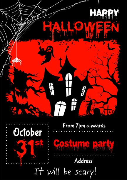 海报，广告牌模板与万圣节的黑色背景与红色与邪恶的树，城堡和幽灵僵尸和蜘蛛网图片下载