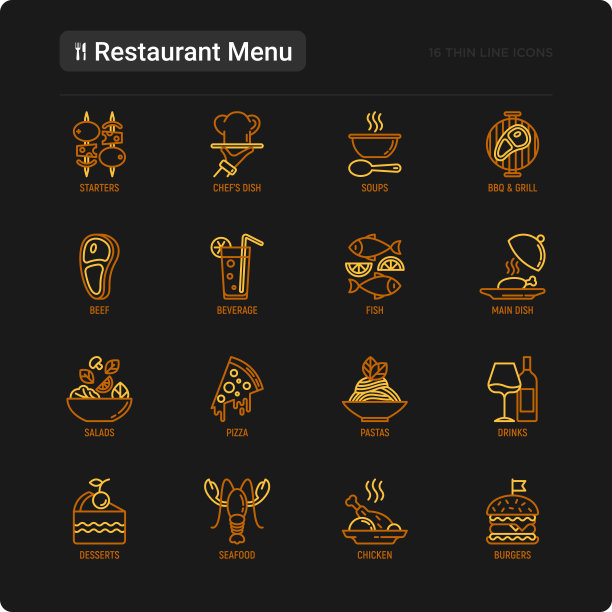 餐厅菜单细线图标集:开胃菜，厨师菜，烧烤，汤，牛肉，牛排，饮料，鱼，沙拉，披萨，葡萄酒，海鲜，汉堡。现代向量插图。图片下载