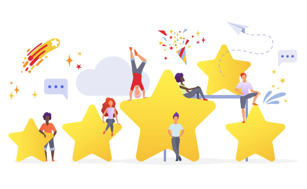 人与金色的星星平面矢量插图。用户评估应用程序性能。顾客反馈卡通人物。通过评分系统测量消费者满意度。图片下载