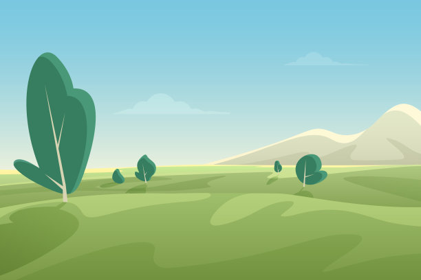 美丽的夏季田野景观与绿色的山丘和山脉。国家背景卡通平面风格旗帜矢量插图。素材图片