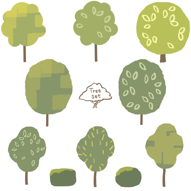 各种各样的手绘绿色树木的插图。与叶和种植奖金。图片下载
