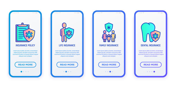 医疗保险app:政策，生活，家庭，牙科细线图标。智能手机上的移动用户界面的现代矢量插图。图片下载