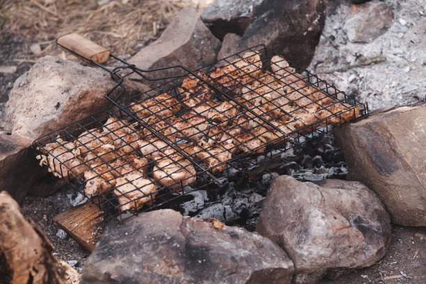 烤肉串在篝火上烹饪图片下载