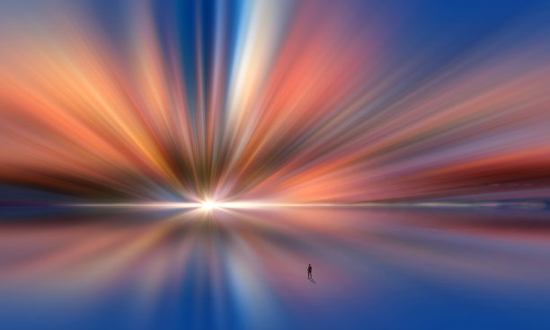 年轻人站在抽象多彩的风景上，模糊的光线反射在背景上。未来概念，3D插图图片下载
