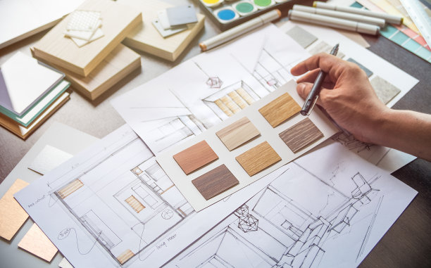建筑师设计师室内创意工作手绘草图计划蓝图选择材料颜色样品艺术工具设计工作室图片下载