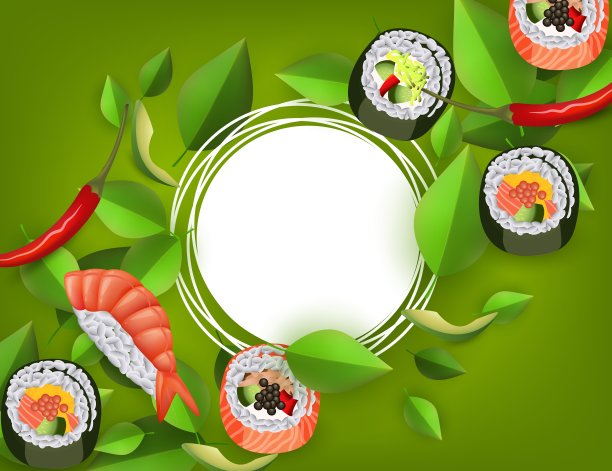 寿司横幅上有寿司卷、虾手握寿司、鳄梨和辣椒孤立在绿色背景上。图片下载