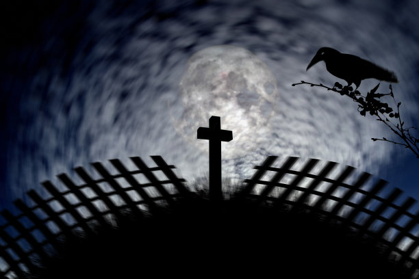 月光下，乌鸦坐在十字架上图片下载
