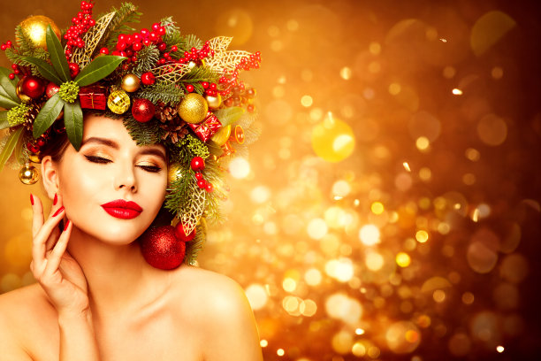 圣诞女人面部美容肖像，花环发型。圣诞时尚模特化妆，美丽的女孩图片下载