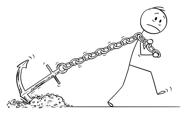 矢量卡通插图的人或商人拉或拖大锚作为生活问题隐喻图片下载