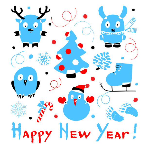 一套圣诞袜，雪人，鹿，雪花，溜冰鞋，兔子，猫头鹰，纸屑，熊脚印，松树和球果。新年快乐书法。矢量插图的冬季符号。图片下载