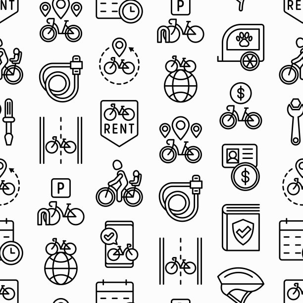 自行车租赁无缝模式，细线图标:费率、自行车旅游、宠物拖车、挂锁、头盔、儿童座椅、共享、指针、押金、手机app、骑行路线。现代向量插图。图片下载